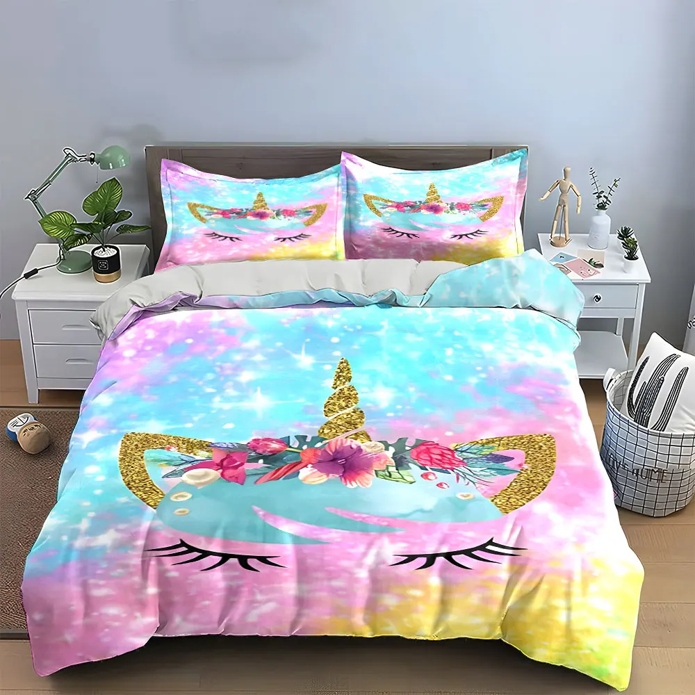 Glitter Galaxy Floral Unicorn Duvet Cover Set, Gold Glitter Horn Kids Bedding Includes 1 Duvet Cover And 2 Pillowcase, Gift
