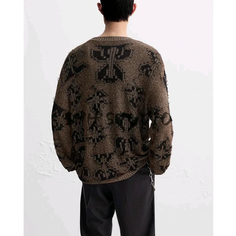เสื้อสเวตเตอร์ถักทรงหลวมสไตล์วินเทจอเมริกันสำหรับผู้ชายรุ่นใหม่ ดีไซน์โปร่งบาง แขนยาว แฟชั่นลำลองสำหรับวัยรุ่น