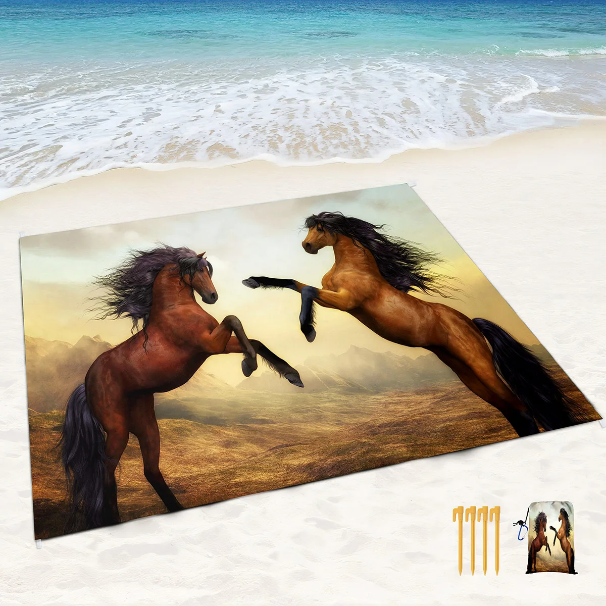 Horse Print Beach Blankets Sand Proof Water Proof Rugs with Corner Pockets and Mesh Bag for Beach,Travel,Camping,Outdoor Hiking