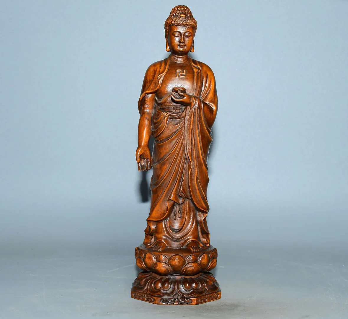 

9"Tibetan Temple Collection Old Boxwood Shakyamuni Station Buddha Amitabha Buddha Lotus Buddha Terrace Worship Hall