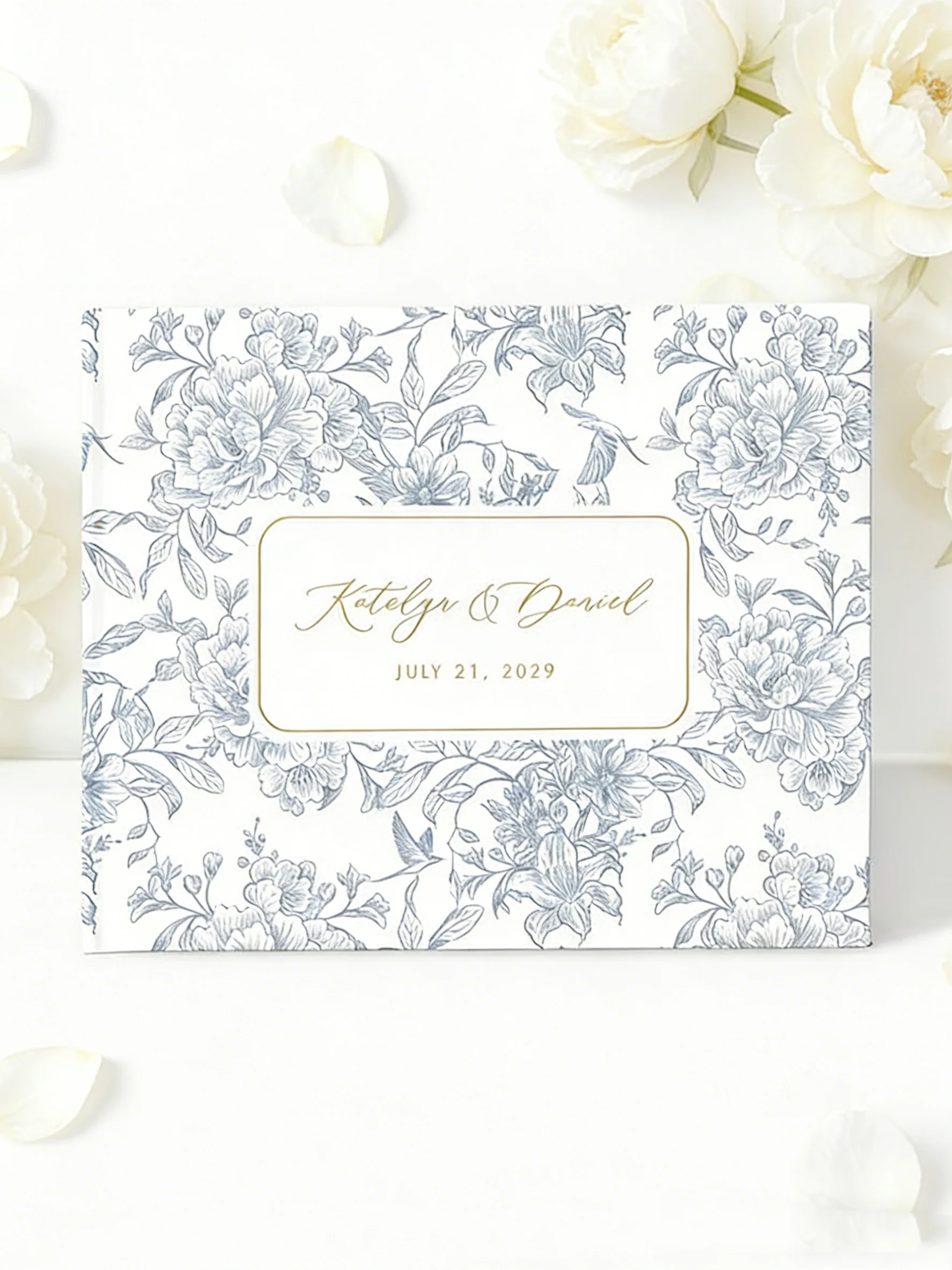 Personalized French Toile Wedding Guest Book Custom Chinoiserie Dusty Blue & Gold Foil Memory Album