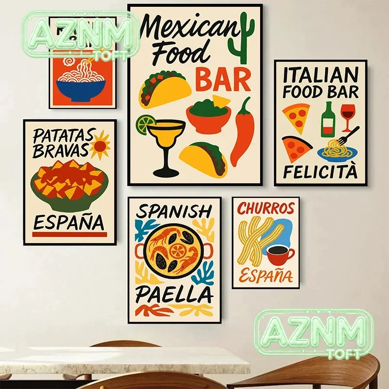 World Cuisine Spanish Italian Japanese Food Paella Sushi Abstract Illustration Poster Canvas Painting Wall Pictures Home Deco