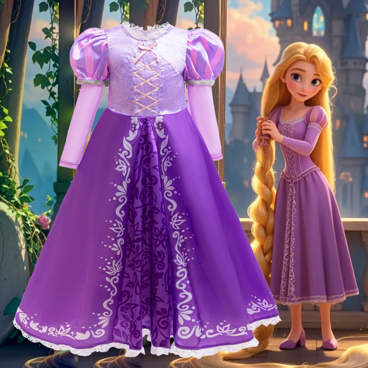 

Girls Tangled Tapunzel Princess Dress Cosplay Costume Kids Purple Princess Daily Wearing Long SleevedDress