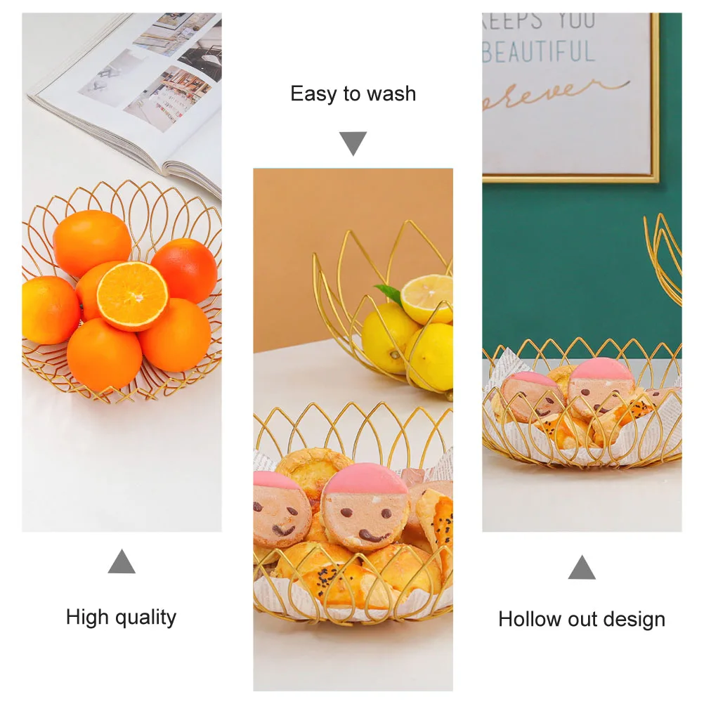 

1Pcs Gold Nordic Hollow-Out Fruit Basket Creative Snack Holder Decorative Storage Tray Kitchen Pantry Drain Basket