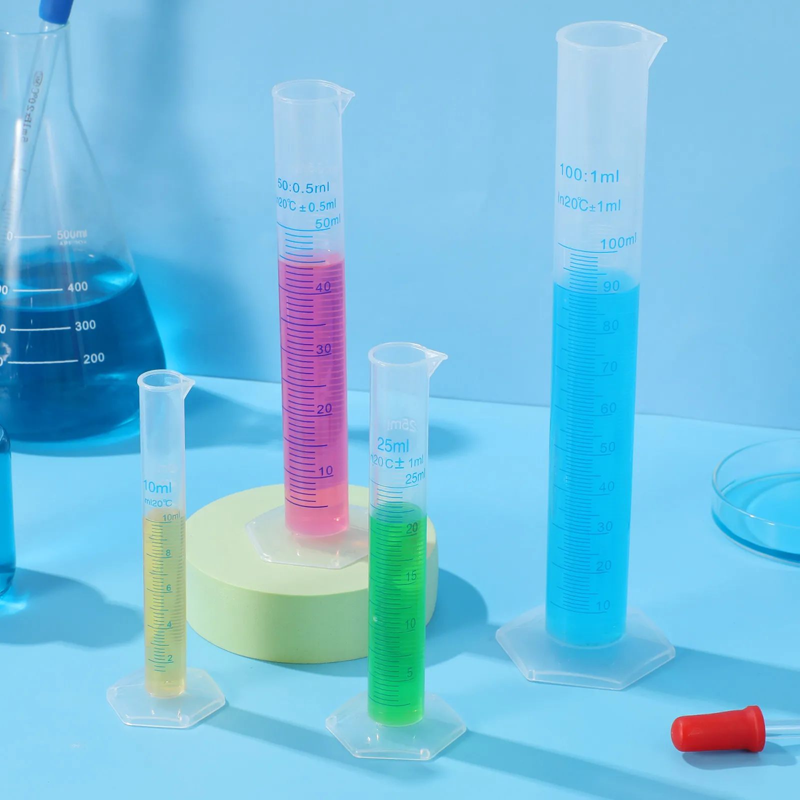 4Pcs Graduated Measuring Cylinder Plastic Set 10Ml 25Ml 50Ml 100Ml Transparent Food Grade PP Material Wide Rim Tapered Spout