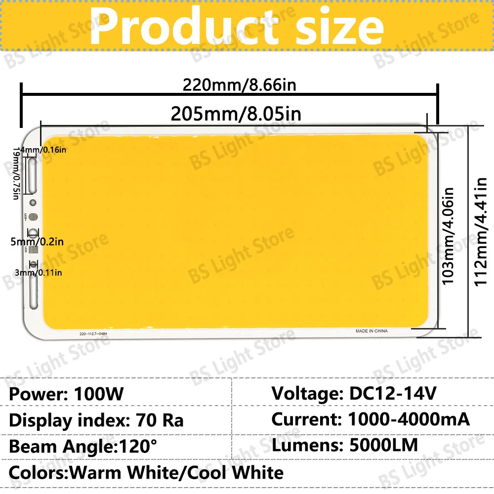 12 فولت LED COB مصباح LED لوحة 220x103 مللي متر قوة فائقة 100 واط 5000LM الترا مشرق رقاقة على متن مصفوفة مجلس لتقوم بها بنفسك مصدر الضوء كول الأبيض