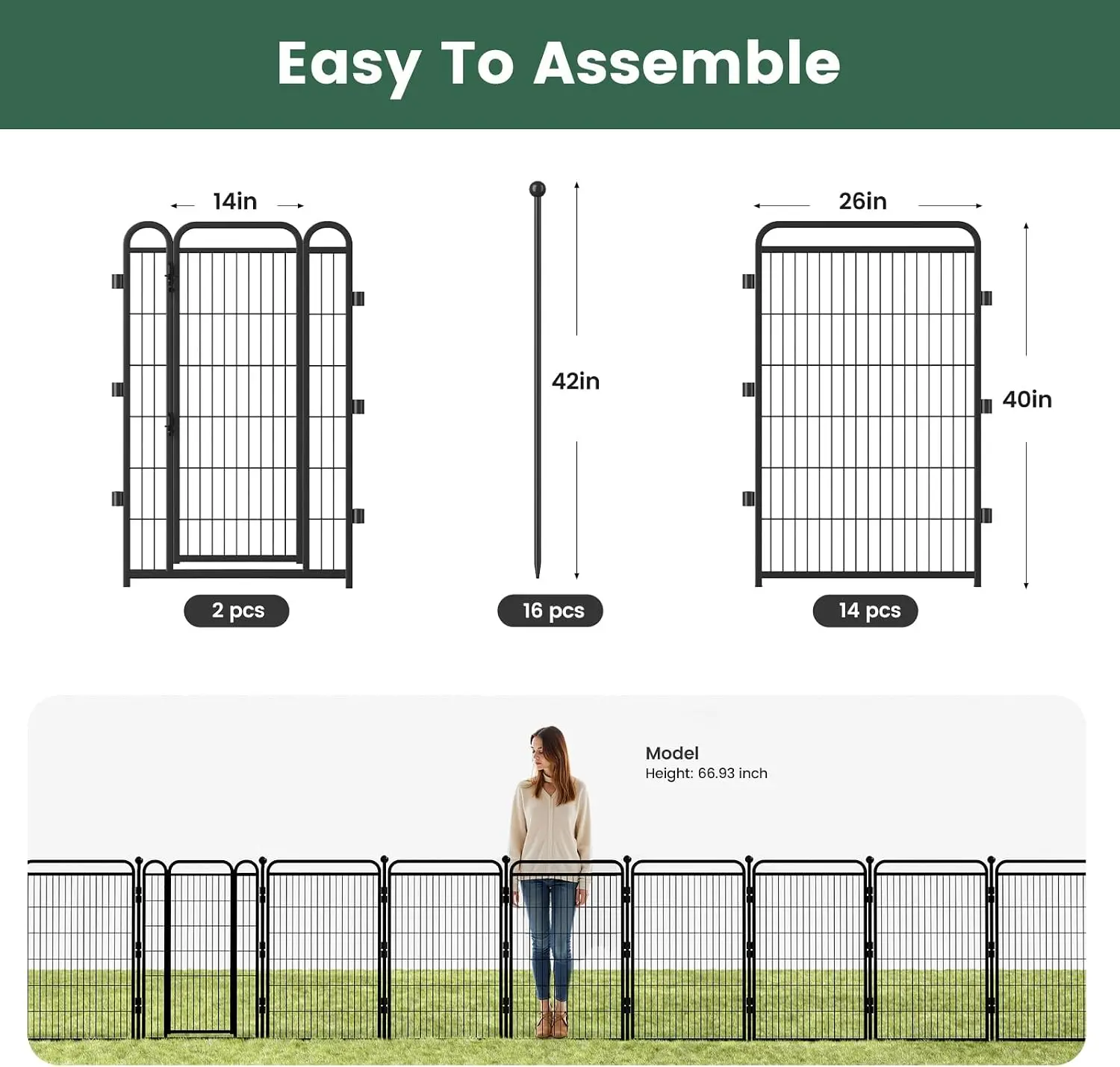 40 in(H) Garden Fence Outdoor for Yard with 2 Gravity Automatic Lock Gates,Heavy Duty Iron 16 Panels Total 34.7ft(L) Outdoor