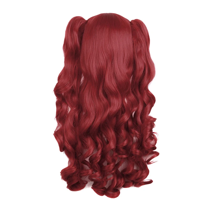 Wig Cos wanita keriting panjang pegangan Lolita ekor kuda ganda gelombang besar merah tembaga Anime penuh kepala