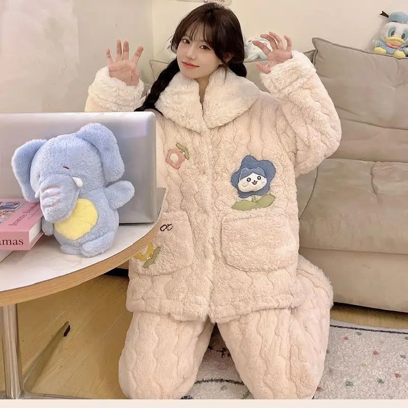 Miniso Kit Flannel Flip Collar Thickening Three Layer Cotton Pajama Set Kawaii Chiikawa Comic Girl Winter Keep Warm Home Clothes