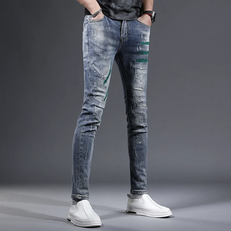 Striped Printed Ripped Men's Jeans 2023 Casual Slim Fit Blue Pants Streetwear Scratched Denim Trousers CP2187