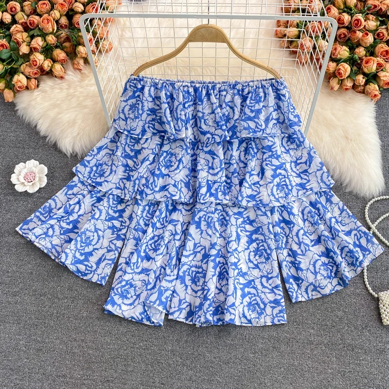 

Hikigawa Sping Summer New Design Casual Loose Shirt Fashion Slash Neck Ruffles Flare Sleeve Printed Off Shoulder Blusas Mujer