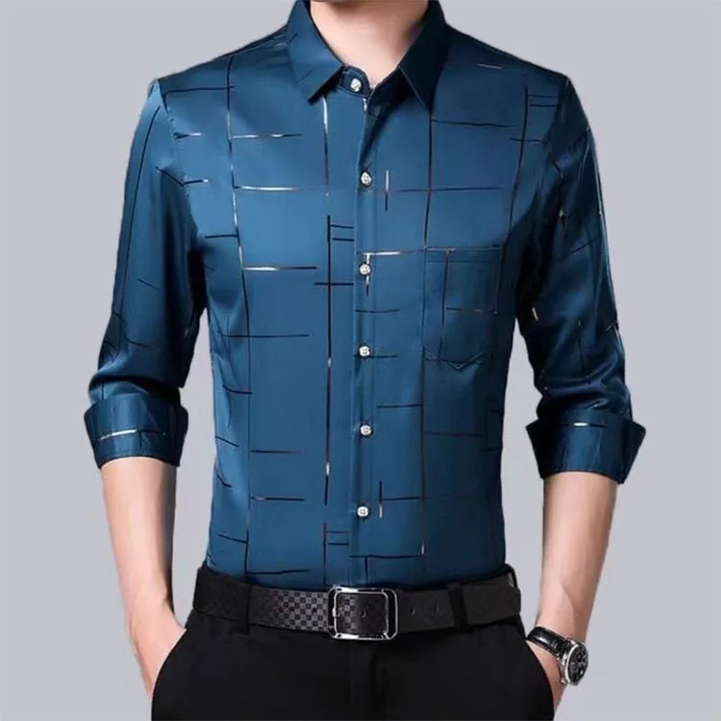 

Smart Casual Men New Thin Plaid Smooth Shirts Long Sleeve Lapel Spring Autumn Clothing Koreon Male Loose Business Fashion Tops