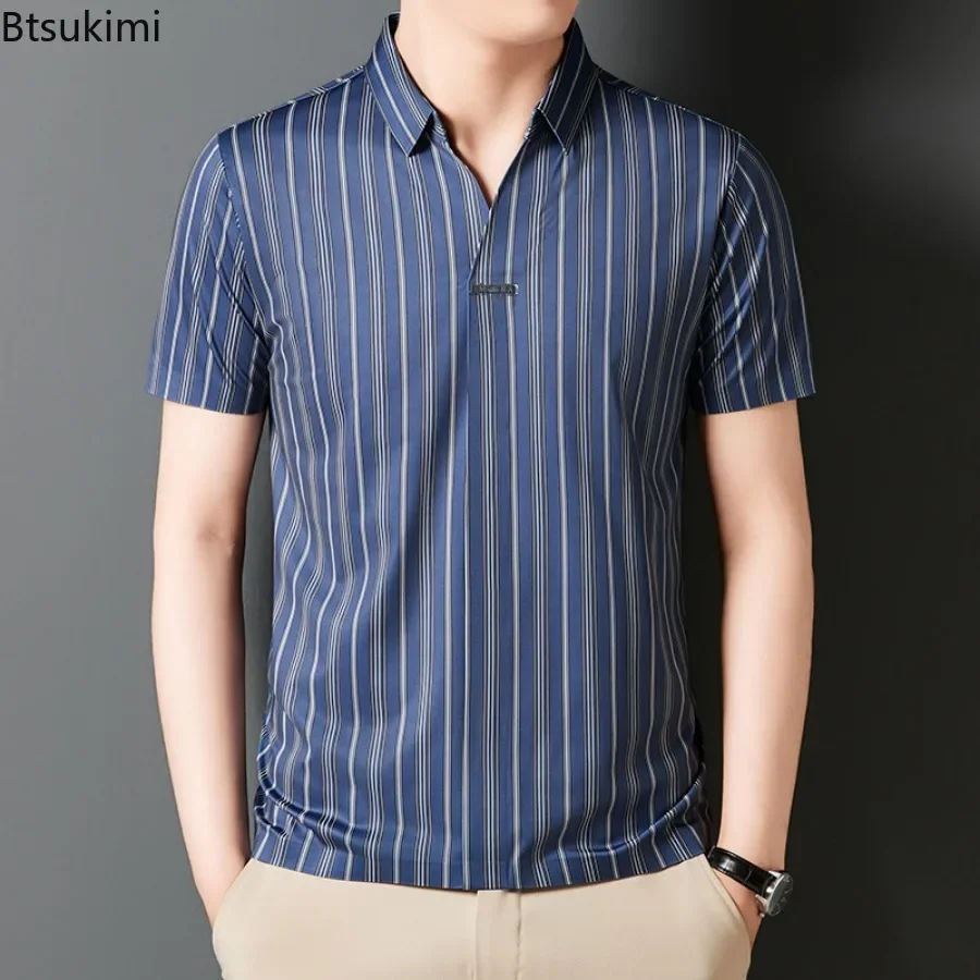2025 New Men's Short-sleeved Business Casual Striped Shirts Fashion Breathable Lapel Pullover Tops Anti-wrinkle Polo Shirts Male