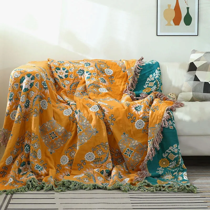 

European Style Cotton Gauze Floral Couch Cover: Reversible Fringe Sofa Throw Blanket, for All Seasons & Decor