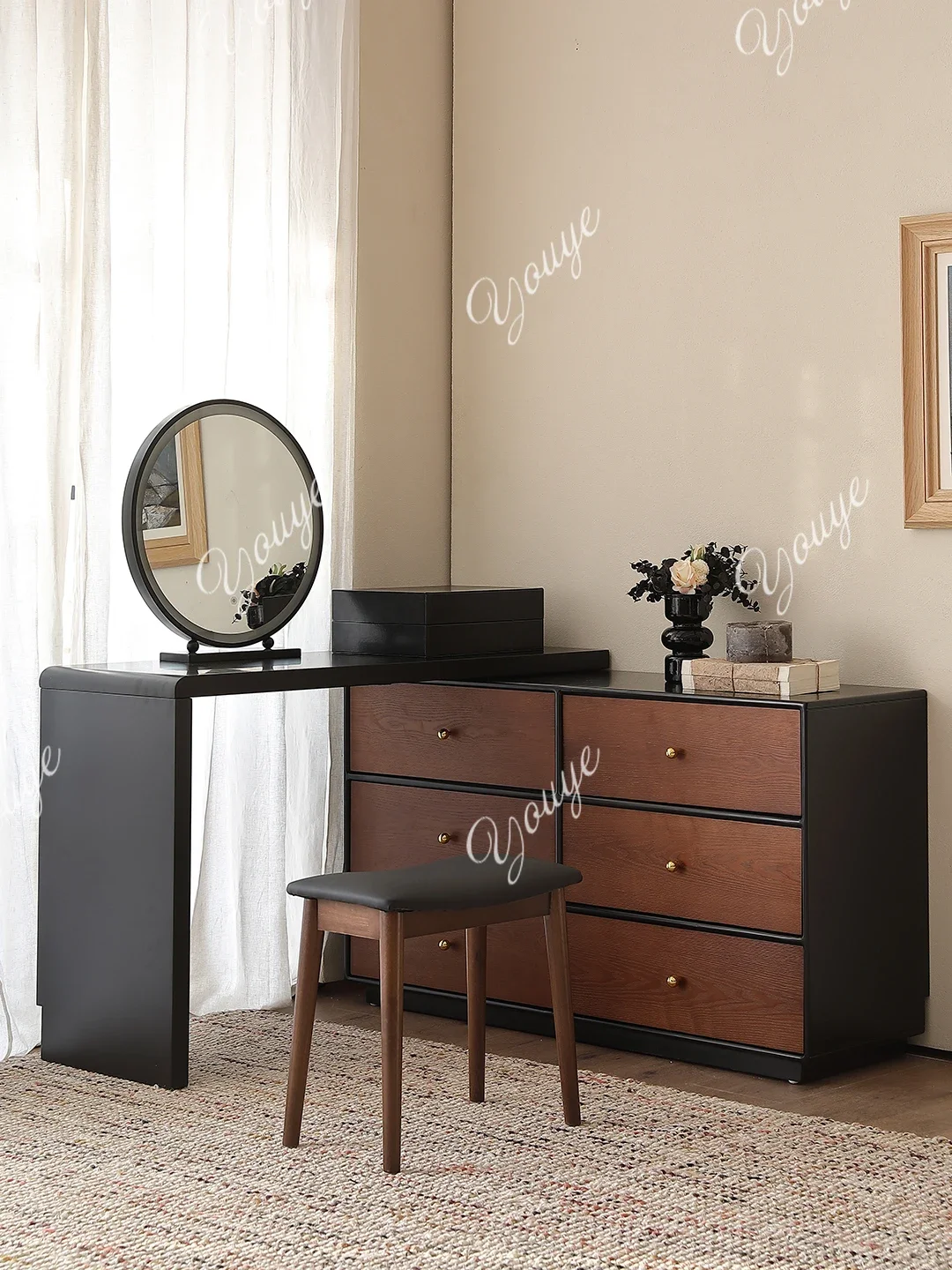 

Средневековый комод из массива дерева, комод, встроенный черный орех в стиле ретро, прикроватная тумбочка, угловой выдвижной столик для макияжа