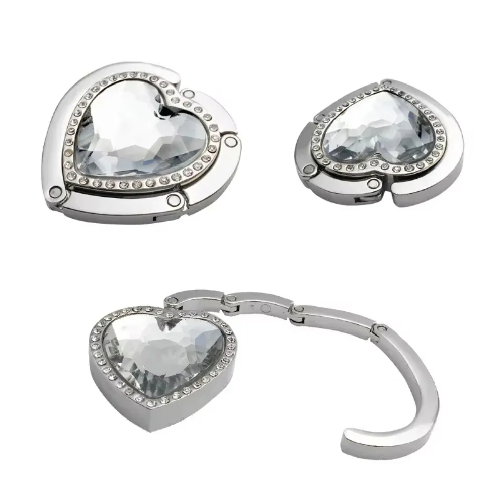 Folding Crystal Heart Shaped Handbag Hook Table Side Handbag Hooks Portable Metal Removable Multi-purpose Hook Bag Accessories