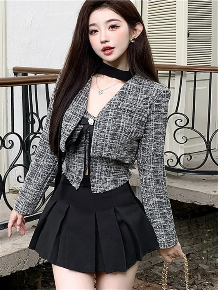 Fashion Elegant Women 2 Piece Suits New Fall Winter Short Tank Top Camis&Short Jacket Coat&Mini Skirt Matching 3 Pieces Sets