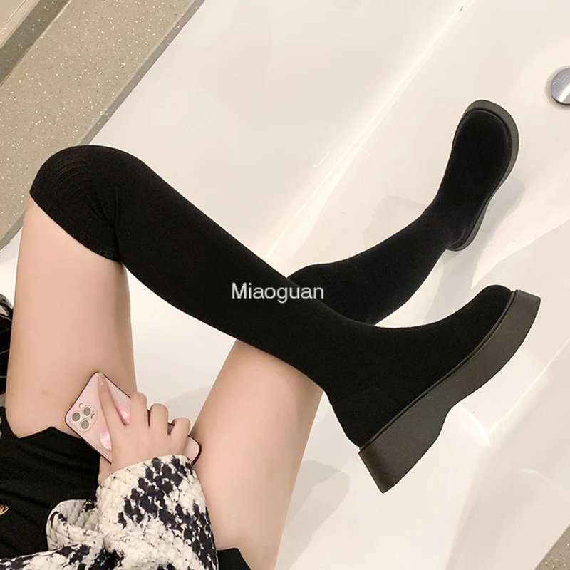 2023 Winter Autumn Women\'s Platform Over The Knee Boots Ladies Stretch Knitted Socks Long Boots Slip on Thick Bottom Shoes Woman