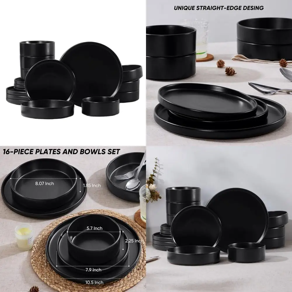 16-Piece Stoneware Dinnerware Set - Matte Black Plates and Bowls with Pasta Bowls, Microwave & Dishwasher Safe