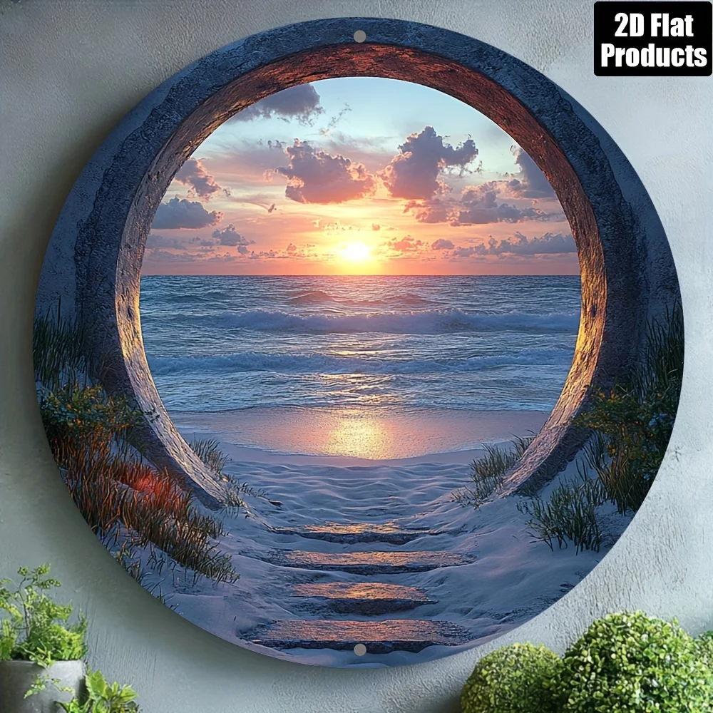 Visual Effect Sunset Beach Sea View Round 2D Flat Metal Sign Rustic Stone Frame Ocean Landscape Wall Art for Coastal Home Decor