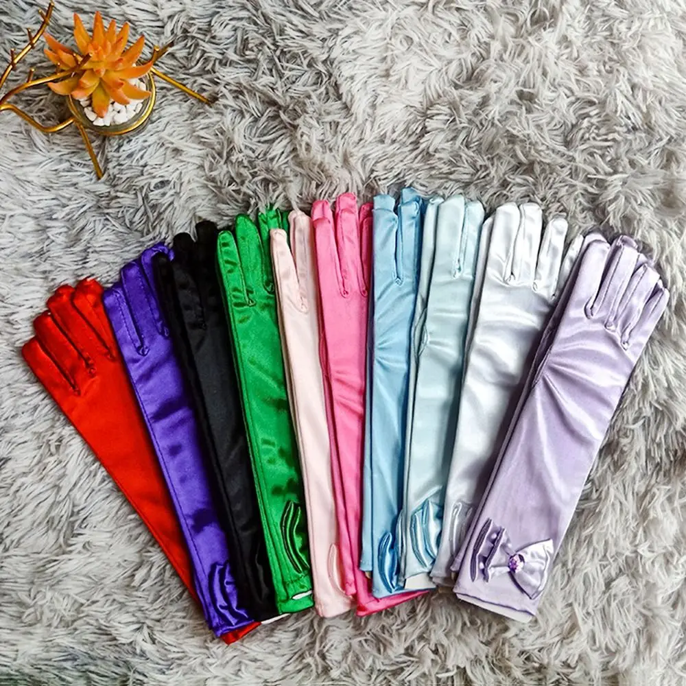 Kinder lange Handschuhe Prinzessin Tanz Performance Bühnen handschuhe Satin Pailletten Bogen Handschuh solide Voll finger Fäustlinge Geburtstags geschenke – Detail 5