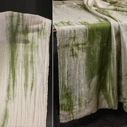 Tie Dye Thin Fabric Artistic Painting Green and White Retro Cotton and Linen Making Old Texture Dress Clothing Designer Fabric