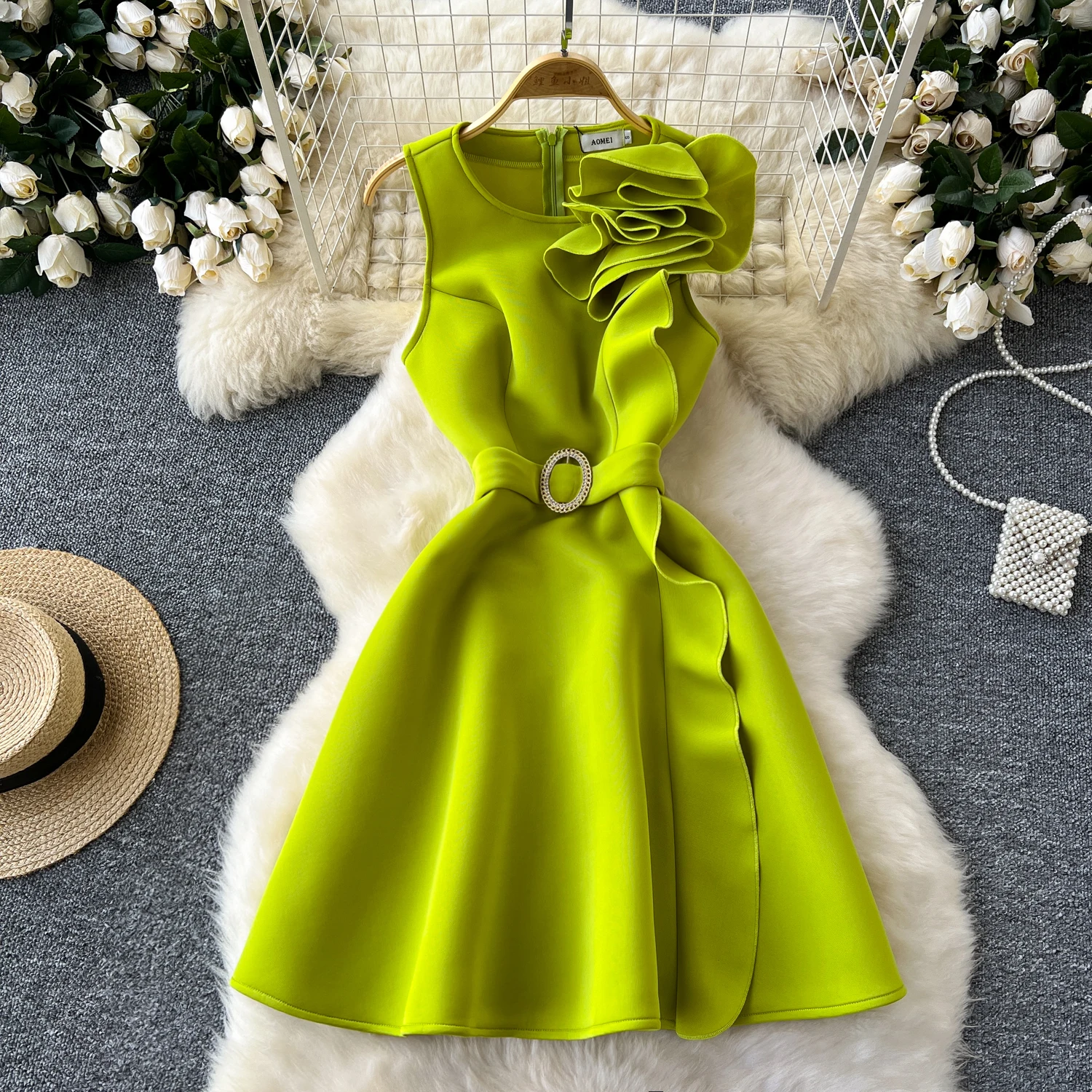 Three-Dimensional Flower Dresses Round Neck Sleeveless Slimming Fluffy Dress Work Office Lady Dresses Women