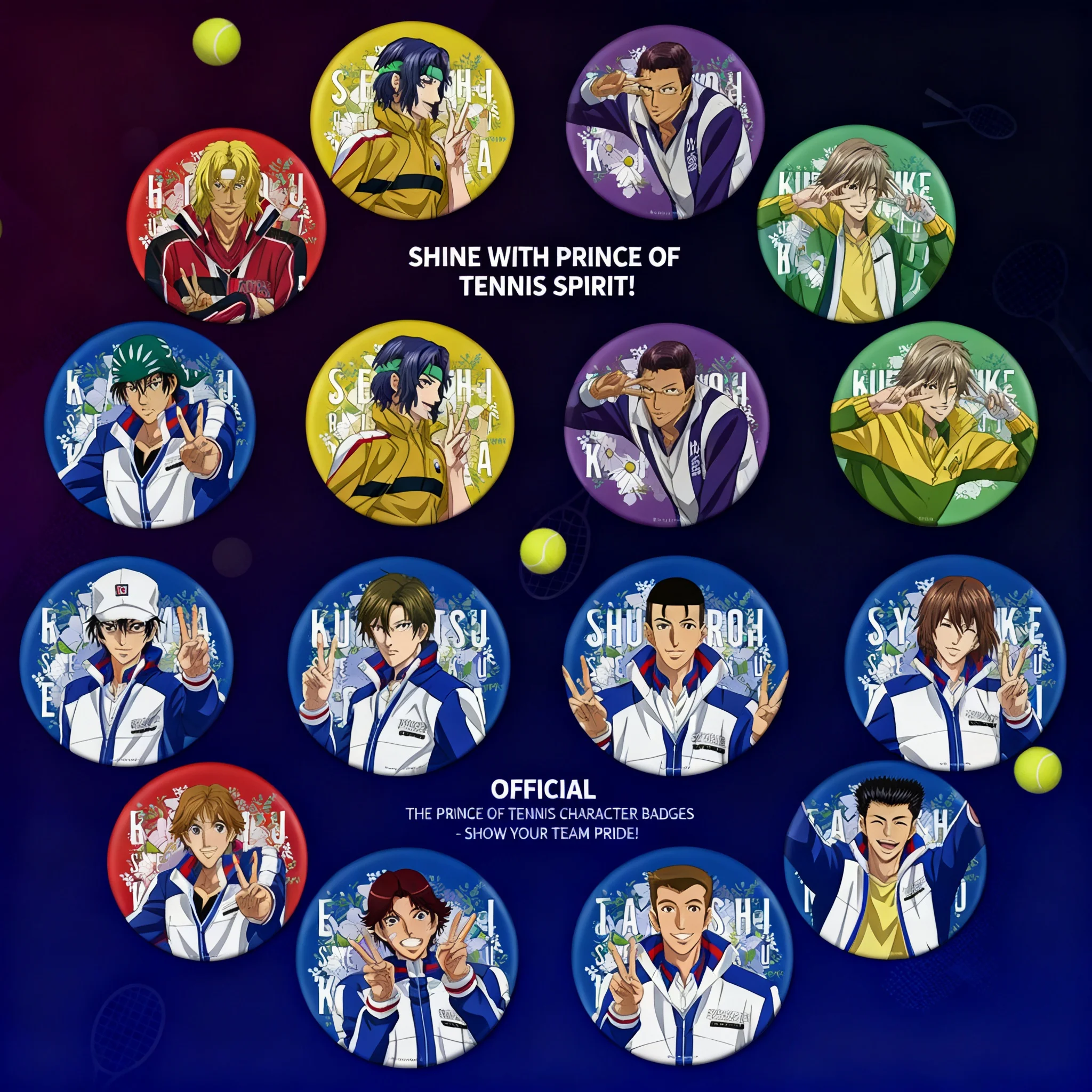 

Металлический значок-пин с героями аниме «Теннисная команда»: Рёма Эчизен, Кунимитсу Тэзуха, Сюсукэ Фуджи, Каору Кайдо. Коллекционный подарок.