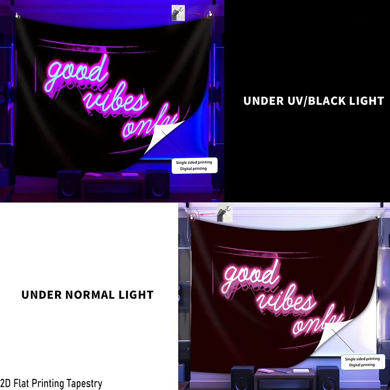 Neon Pink Lettering Glow-in-the-Dark Tapestry UV Blacklight Wall Hanging Decor Self-Lit Effect for Bedroom Living Room