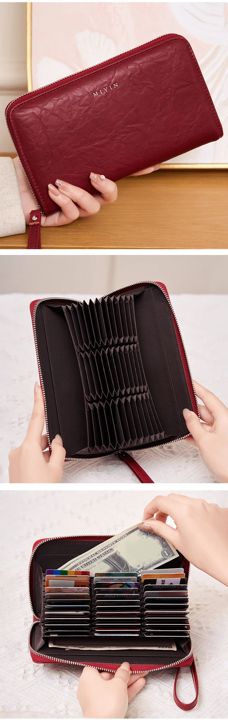RFID-Diebstahlschutz Damen-Clutch-Tasche Retro Multi-Kartenfach Akkordeon-Geldbörse Einfarbig Große Kapazität Reißverschluss-Kartenhalter – Detail 5