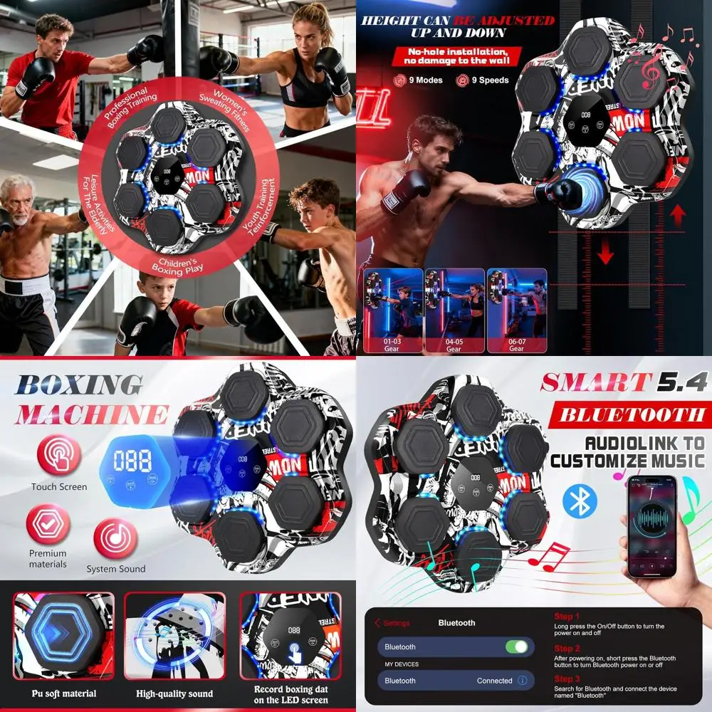 Music Boxing Machine, Smart Bluetooth Punching Machine with Gloves, 6 Target Large Size Punching, LED Electronic Workout Target