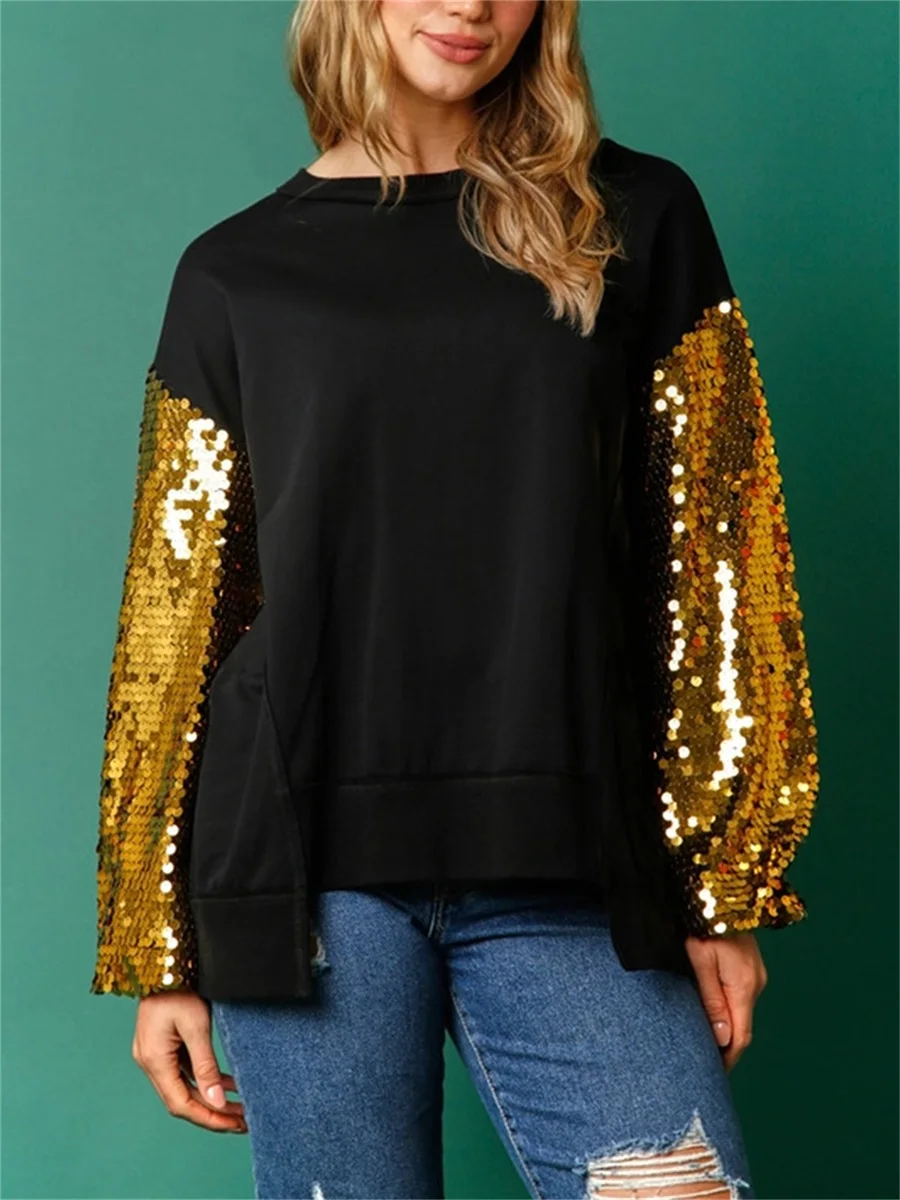 Women s Sequin Patchwork Sweatshirt Contrast Color Long Sleeve Round Neck Loose Casual Pullover Tops