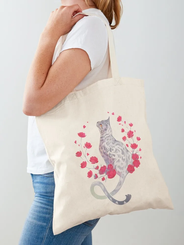 

Silver bengal cat with red flowers Tote Bag Canvas shoulder bag shopping bag logo Women's beach bags hand bags