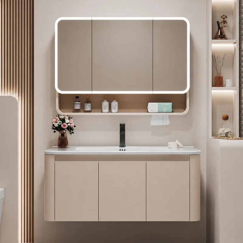 Thickened Honeycomb Aluminum Bathroom Cabinet with Ceramic Wash Basin Arc Smart Mirror Anti Fog Light Rounded Corner Storage
