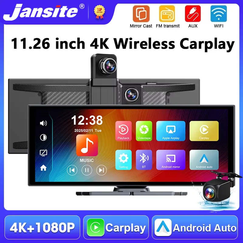 Portable 11.26" 4K Car DVR Wireless Carplay Android Auto Dashcam GPS Navigation Bluetooth Audio Dashboard Video Recorder FM AUX