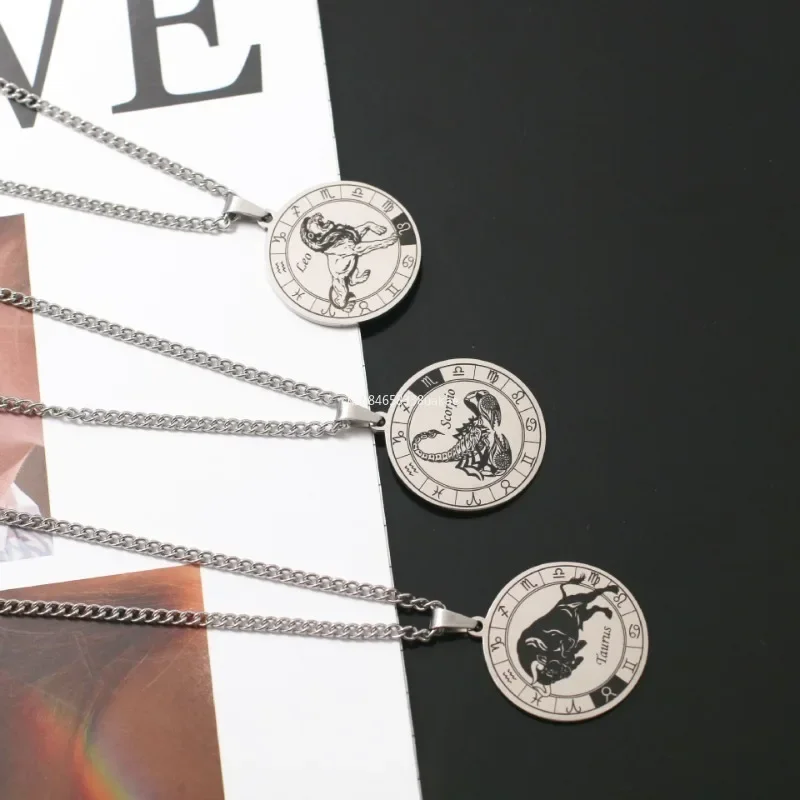 1Pcs Stainless Steel Classic 12 Constellations Pendant Necklace Leo Taurus Aquarius Aries Necklace Gifts for Boys Jewelry Choker