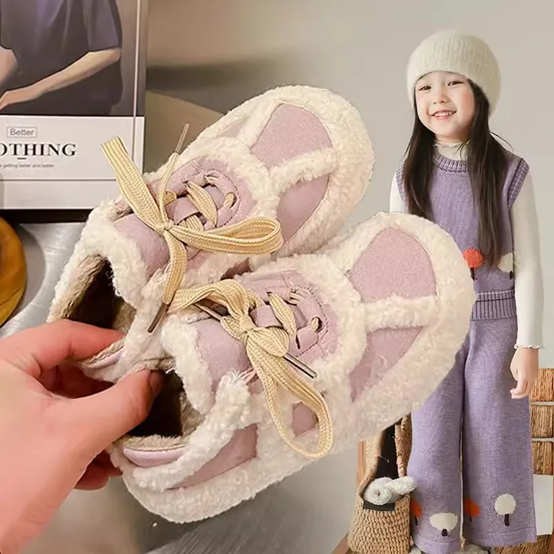 New Kids Cozy Fur Princess Shoes for Girls Soft Winter New Baby Patch-Up Solid Color Japanese Style Kids Versatile Casual Shoes