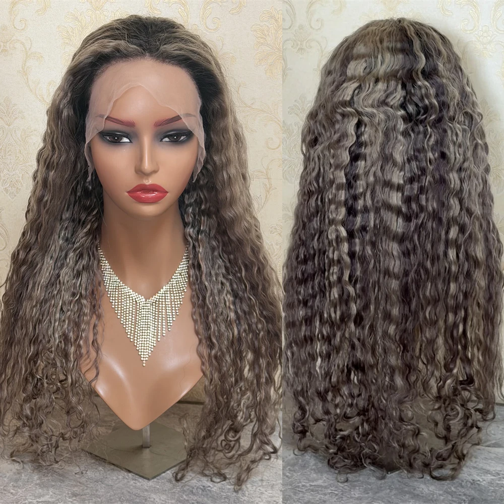 28 Inch Grey Blonde Highlight Curly Lace Front Wig Human Hair Wigs Deep Wave 13X6 Hd Lace Frontal Wig Pre Plucked 150 Density