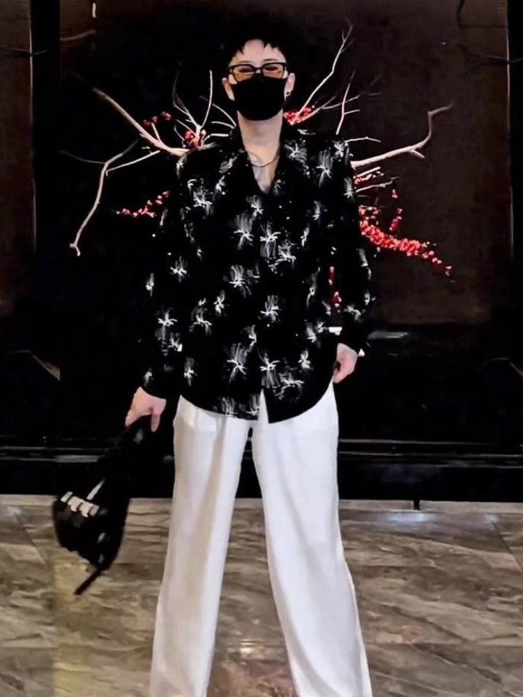 New Men Gold Floral Rhinestone Shirt Korean Style Loose Long Sleeve Party Top