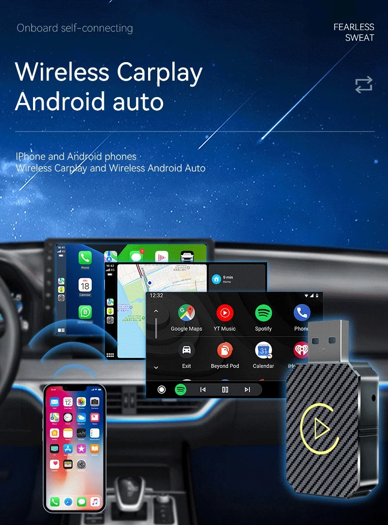 Adaptador Auto Android CarPlay sem fio, Smart AI Box, Plug and Play, BT WiFi para CarPlay com fio, Android Auto Cars, 2in 1