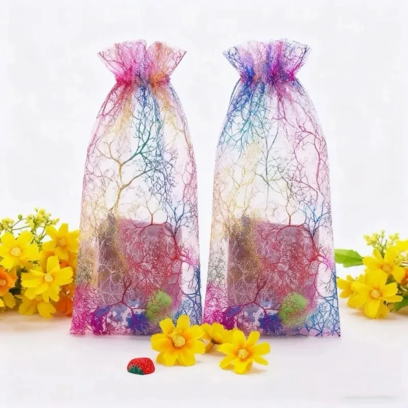 

100PCS Coral Floral Organza Gift Bags | Gold Foil Drawstring Pouches for Wedding Favors, Birthday Candy, Jewelry & Party Decor