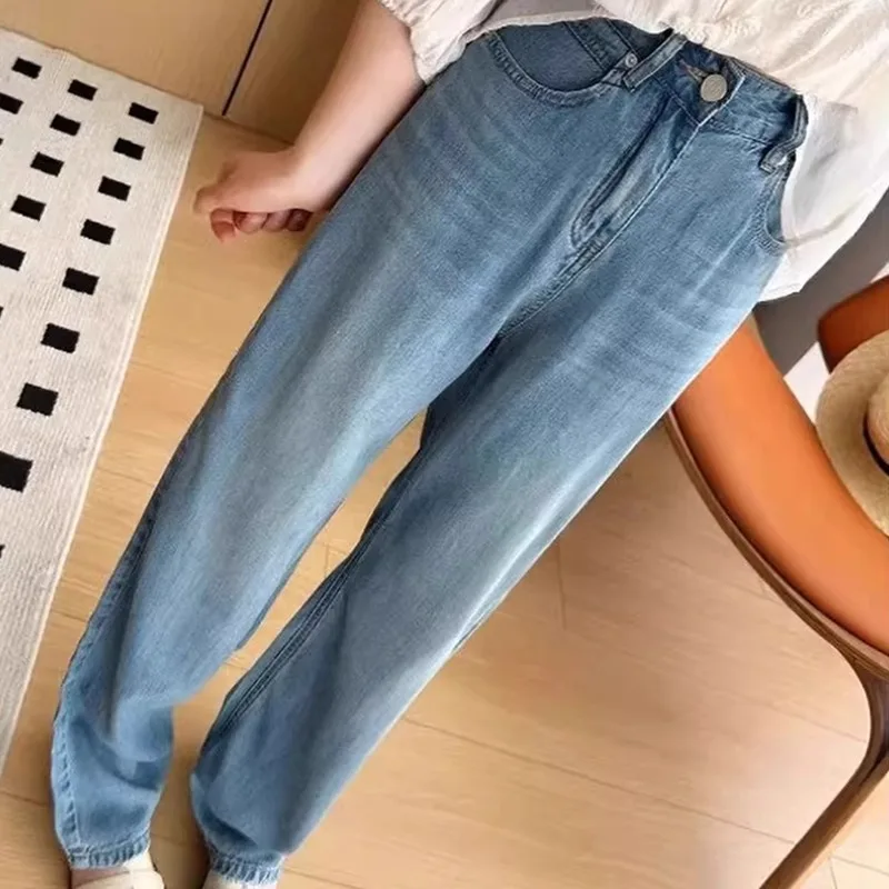 

Тонкие широкие джинсы прямого кроя Cool Sensation, женские светлые джинсы с высокой талией, большие размеры, свободные женские длинные брюки