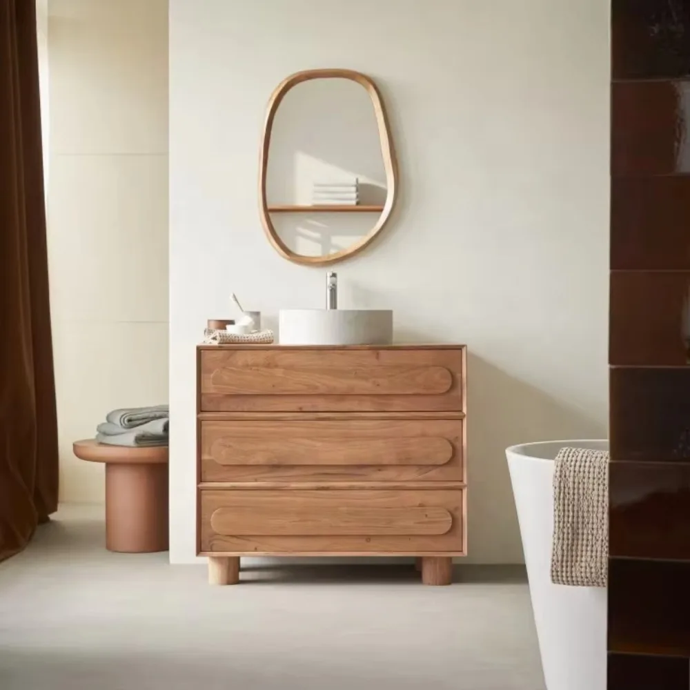 Bathroom vanity, single ceramic sink Solid wood Unique design Striped design Freestanding or wall-mounted cabinets