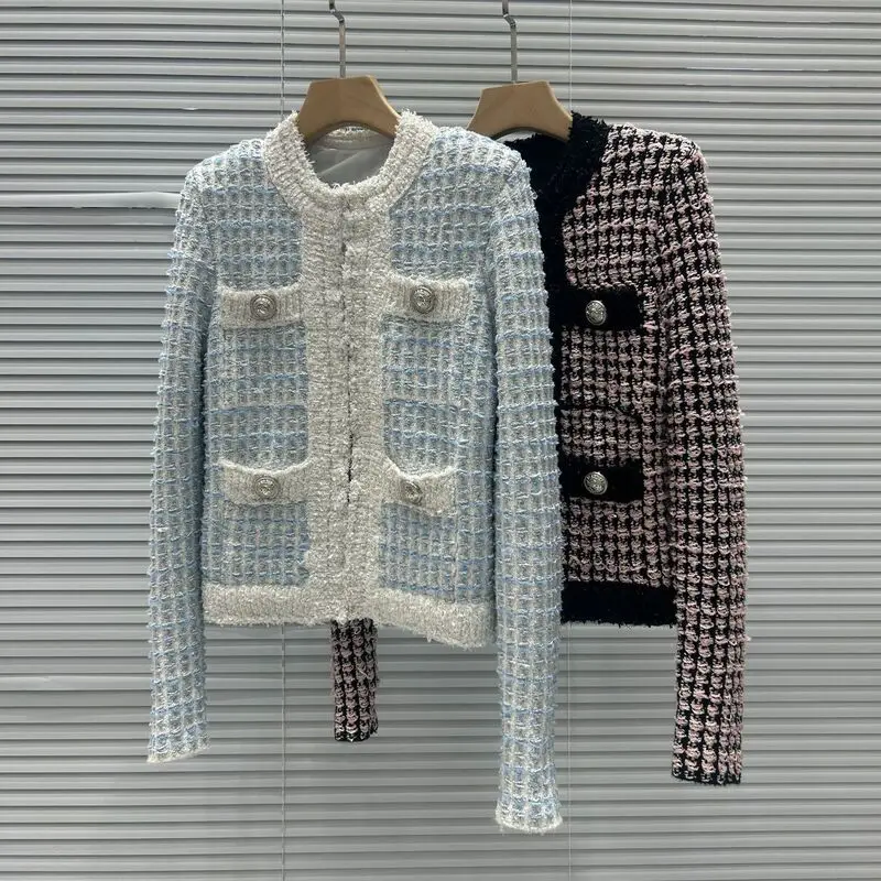 【CHUJIE】 سترة صوفية قصيرة على الطراز الفرنسي الجديد لخريف وشتاء 2025، متعددة الاستخدامات وكتلة الألوان منقوشة برقبة دائرية