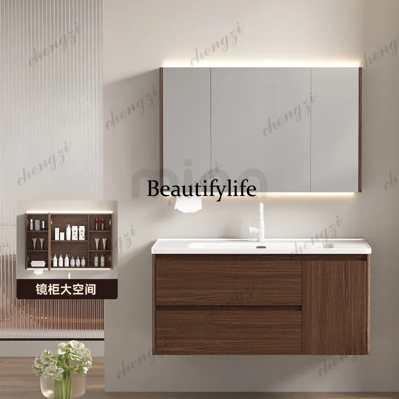 D183 Medieval walnut all stainless steel bathroom mirror cabinet ceramic integrated basin combination waterproof wall hanging