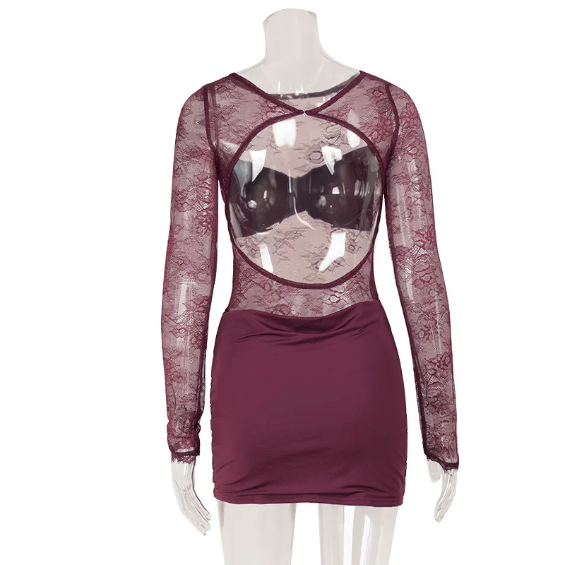 백리스 시스루 메쉬 레이스 패치워크 바디콘 미니 드레스 여성 패션 O넥 긴팔 루치드 슬림 나이트 클럽웨어 베스티도스