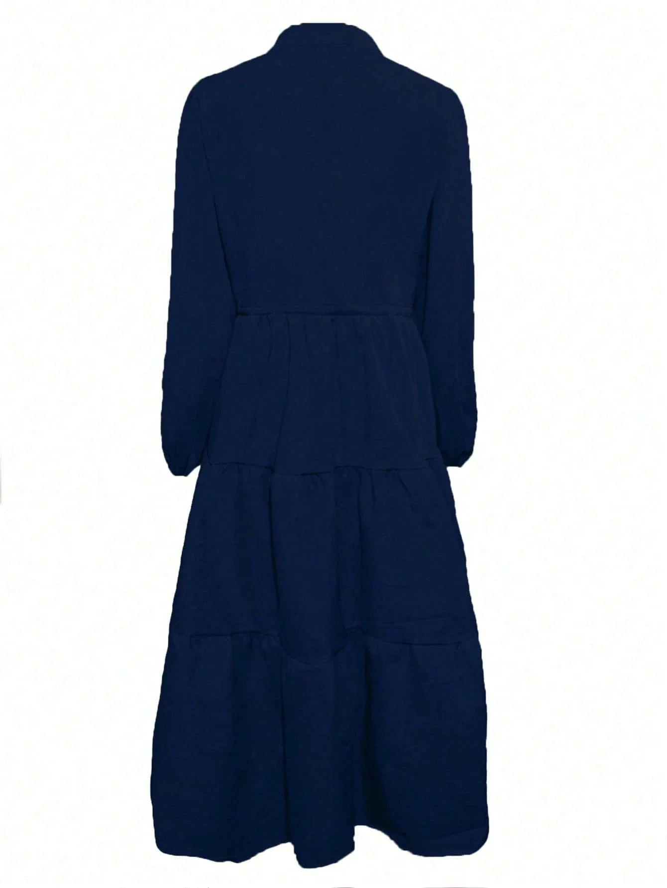 

Women's Navy Blue Solid Button Front Tiered Maxi Dress With Waist Tie