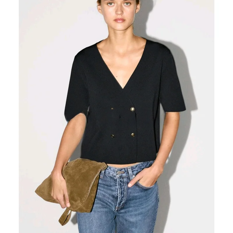 بلوزة نسائية جديدة لفصلي الربيع والصيف، محبوكة بياقة على شكل V وأكمام قصيرة، تصميم مفتوح من الأمام، مناسبة للعمل، مصنوعة من أ...