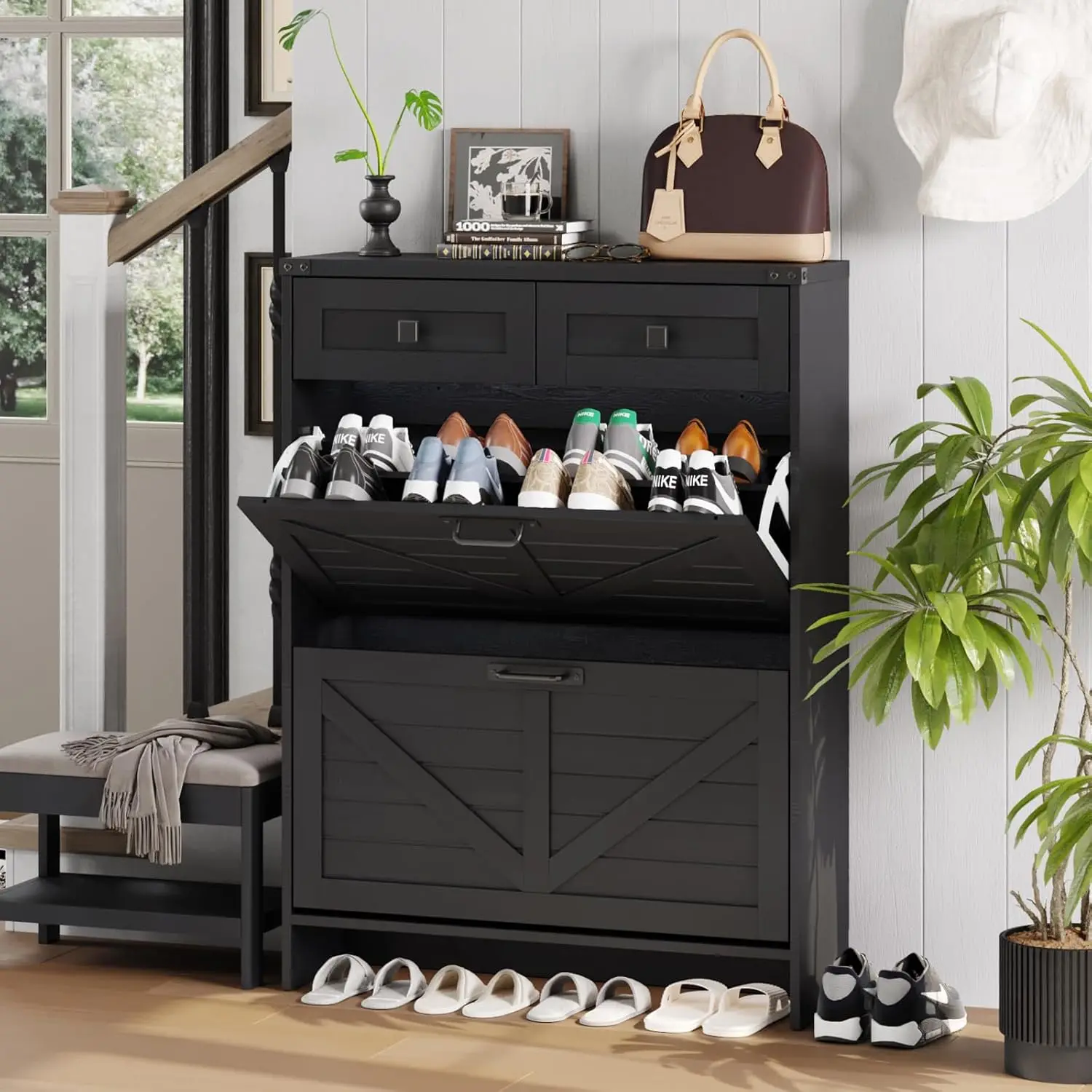 

2 Flip Drawer Shoe Cabinet Entryway Slim Storage Rack Black Customized