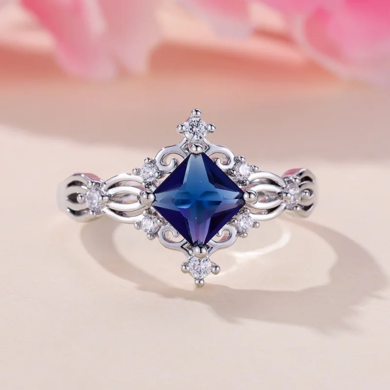 2026 New European and American Fashion Commuter Square Blue Zircon Ring Bridal Wedding Versatile Travel Item